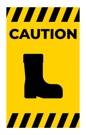 This image features a caution sign showcasing a black safety boot silhouette on a bright yellow background, bordered with black stripes, conveying important hazard warnings effectively.のイラスト素材