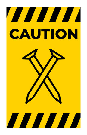 This graphic features a caution sign with crossed nails, set against a vibrant yellow background. Ideal for construction or safety themes.のイラスト素材