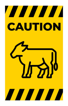 This vibrant caution sign features a clear cow icon on a bold yellow background. Ideal for safety awareness in farming or livestock settings.のイラスト素材