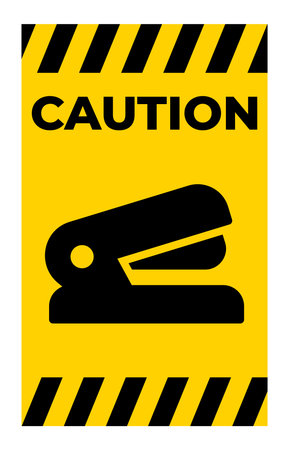 A bright yellow caution sign featuring a bold stapler icon to highlight office safety. This graphic serves as a clear warning for safe use of office equipment.のイラスト素材