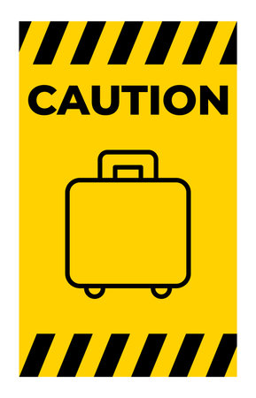 This caution sign features a suitcase icon, ideal for travel and safety contexts. The bright yellow and black colors enhance visibility and alertness in various environments.のイラスト素材