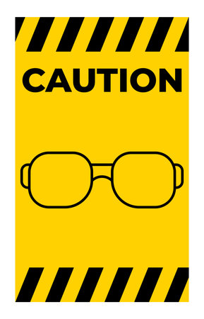 Bright yellow caution sign featuring an outline of safety glasses, emphasizing eye protection. Ideal for workplace safety materials or awareness campaigns.のイラスト素材