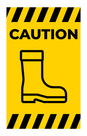 A vibrant caution sign featuring a safety boot icon against a yellow and black background. Ideal for safety messages in construction or industrial settings.のイラスト素材