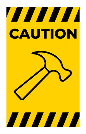 This image features a caution sign with a hammer icon, designed for safety awareness. The bold colors and clear symbols emphasize the importance of vigilance in various environments.のイラスト素材