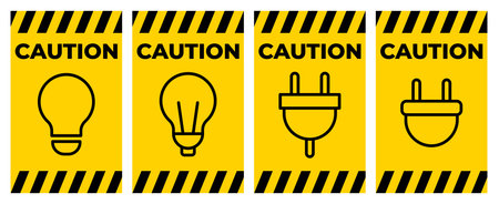 A collection of caution signs highlighting light bulb and electrical plug icons. Ideal for safety awareness in workplaces, homes, and public areas regarding electrical hazards.のイラスト素材