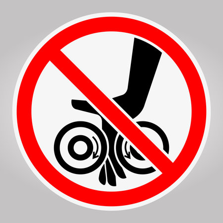 This image features a prohibition sign that warns against touching spinning equipment, emphasizing safety and caution in industrial settings.のイラスト素材