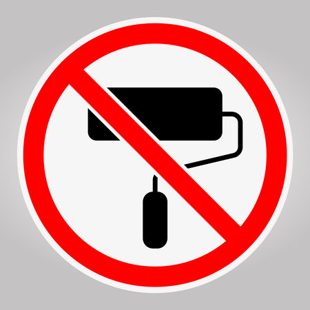 This illustration depicts a no painting sign featuring a paint roller within a red circle on a gray backdrop. It serves as a clear warning against painting activities.のイラスト素材