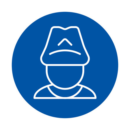 This minimalist blue police officer icon features line art in a circular design. It symbolizes law enforcement and authority, ideal for modern graphic needs.のイラスト素材