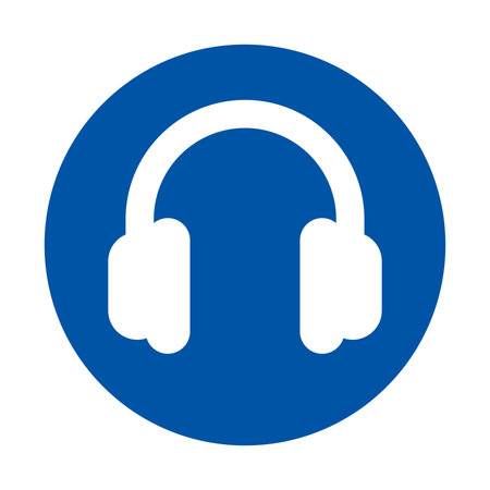 A minimalist design featuring a white headphones icon centered on a vibrant blue circle. Ideal for themes related to music, technology, and lifestyle.のイラスト素材