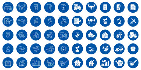A diverse set of agricultural icons featuring farm equipment, plants, and modern technology. Perfect for illustrating concepts in farming, sustainability, and innovation in agriculture.のイラスト素材