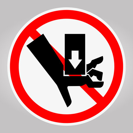 A clear and bold no hands sign indicating prohibition against hand injury risks in industrial environments. It visually emphasizes safety and caution.のイラスト素材