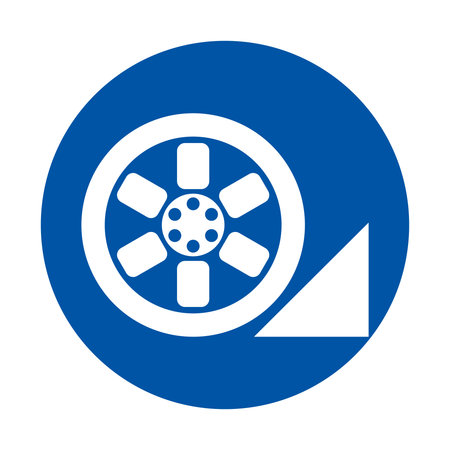 A bold blue circular icon featuring a film reel and a triangular graphic element. This modern design is perfect for media, entertainment, and creative projects.のイラスト素材