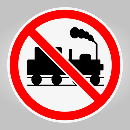 A no train allowed sign featuring a bold red circle and a black train symbol. This graphic warns of train restrictions in urban areas, ensuring public safety.のイラスト素材