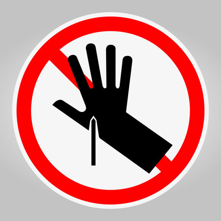 A clear warning sign featuring a hand symbol inside a prohibition circle, designed for safety awareness and risk management in various public spaces.のイラスト素材