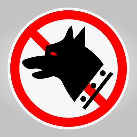 Bold no dogs allowed sign featuring a red circle around a black silhouette of a dog head. Perfect for public spaces, homes, or businesses to indicate pet restrictions.のイラスト素材
