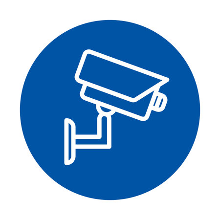 A minimalistic surveillance camera icon in white outline on a blue circular background. Ideal for...