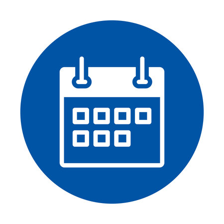 A blue circular icon featuring a simple calendar design, perfect for time management, organization, and scheduling in various digital and print applications.のイラスト素材