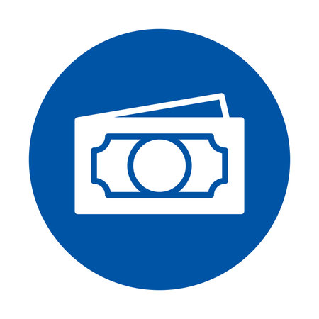A simplistic blue circle icon featuring a white dollar bill. This image symbolizes themes of finance, currency, and economic transactions, suitable for finance-related projects.のイラスト素材