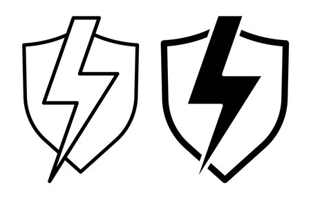 This image features two distinct shield icons with lightning symbols, ideal for themes of security, protection, and energy. Clean and bold design elements.のイラスト素材