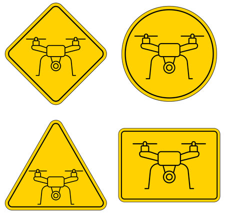 A collection of warning signs featuring drone symbols in various geometric shapes. These signs highlight the importance of drone safety and awareness.のイラスト素材