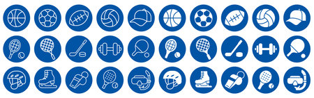 A vibrant collection of sports icons against a blue background, featuring various athletic activities like basketball, soccer, and baseball. Ideal for design projects.のイラスト素材