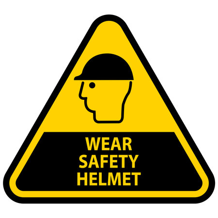 This image features a warning sign instructing individuals to wear a safety helmet. Essential for...