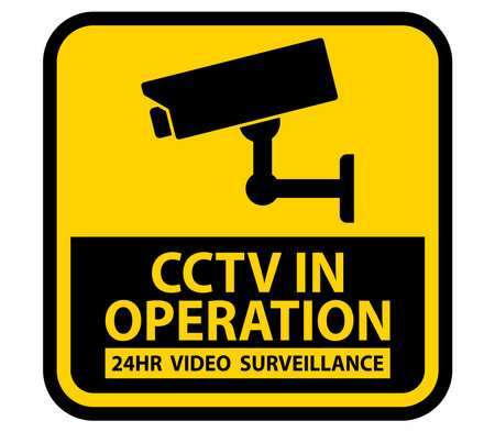 A yellow sign indicating that CCTV is in operation for 24-hour video surveillance. Perfect for security installations, monitoring areas, and enhancing safety awareness.のイラスト素材
