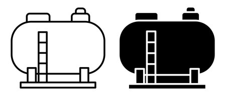 This vector image features an industrial gas tank in both outline and silhouette styles. Suitable for use in projects related to energy, safety, and technology.のイラスト素材