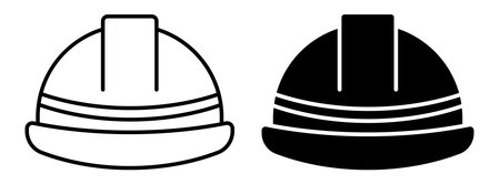 This vector illustration features a construction hard hat icon presented in both black and white styles. Perfect for safety-related designs.のイラスト素材