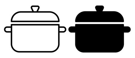 This minimalist illustration features a cooking pot in both white and black variants, perfect for culinary-themed projects or modern kitchen designs.のイラスト素材
