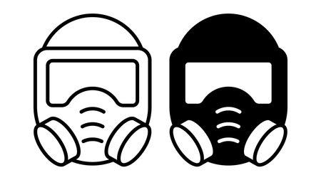 This image features black and white illustrations of gas masks, symbolizing safety and protection. Ideal for themes related to health, emergency response, and industrial safety.のイラスト素材