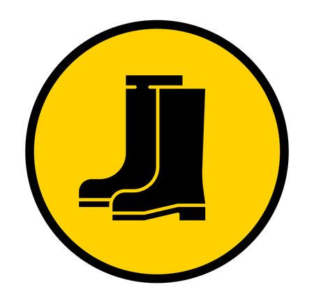 Bright yellow circular graphic featuring durable rubber boots. This illustration represents waterproof footwear for outdoor activities, gardening, and farming.のイラスト素材