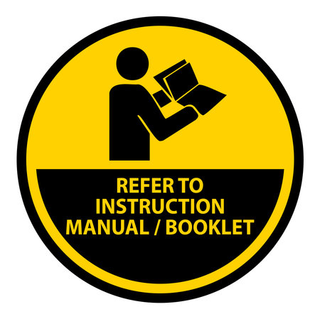 A bright yellow icon depicting a person reading an instruction manual. This graphic serves as a clear reminder for users to consult the manual for safety and proper usage.のイラスト素材