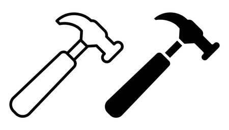 This image features a black and white illustration of a hammer, showcasing two distinct styles. Ideal for design, DIY projects, and construction themes.のイラスト素材