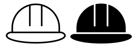 This image features black and white minimalist hard hat icons, representing safety and construction. Perfect for use in industry-related materials and designs.のイラスト素材