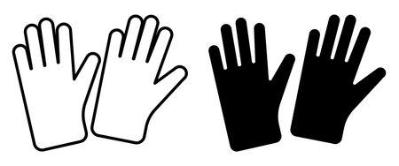 This image features a pair of gloves in contrasting black and white silhouettes. Ideal for projects requiring representations of safety, hygiene, or fashion accessories.のイラスト素材
