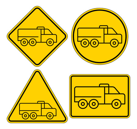This collection features truck icons displayed in various shapes, including diamonds and circles, all in yellow color, perfect for transportation warning signs and safety graphics.のイラスト素材