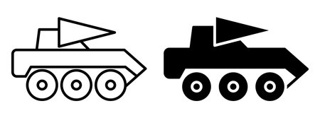 Two playful cartoon tanks in black and white style, ideal for children's illustrations, games, and creative projects. Perfect for adding fun elements.のイラスト素材