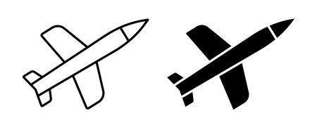 Two distinct missile icons showcased in outline and solid black styles. Suitable for military, technology, and defense projects.のイラスト素材