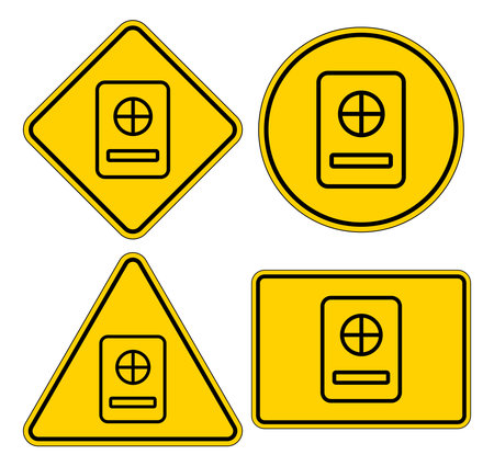 A collection of four yellow warning signs featuring a safety symbol. Each sign is uniquely shaped: diamond, triangle, circle, and rectangle. Ideal for safety awareness and precautionary measures.のイラスト素材