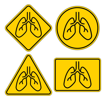 This image features four distinct lung icons on a vibrant yellow background. Each icon is presented in a different geometric shape, emphasizing respiratory health and awareness.のイラスト素材