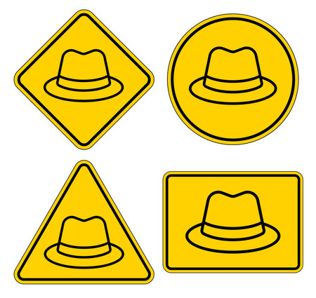 A collection of yellow warning signs showcasing hat illustrations in various geometric shapes. Perfect for themes of fashion, safety, and creativity.のイラスト素材