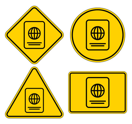 A collection of passport icons featured within various yellow warning signs. Ideal for travel safety themes, highlighting important messages for travelers.のイラスト素材