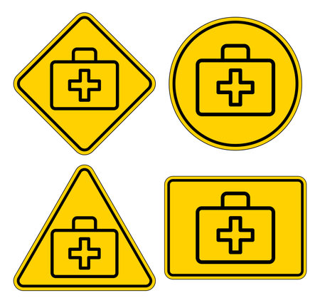 Collection of yellow first aid symbols designed for health and safety signage, featuring various shapes including triangle, square, and circle. Perfect for emergency contexts.のイラスト素材
