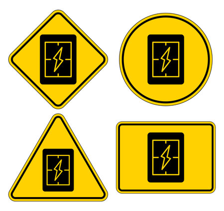 A collection of warning signs featuring an electric symbol in various shapes such as triangle, square, circle, and rectangle, conveying caution and safety.のイラスト素材