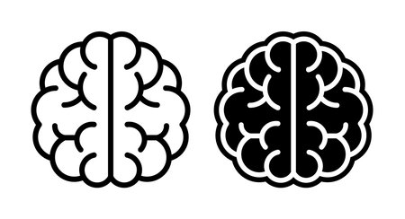 This black and white illustration of a brain displays distinct half designs, representing the concepts of creativity and logic. Ideal for educational and artistic projects.のイラスト素材