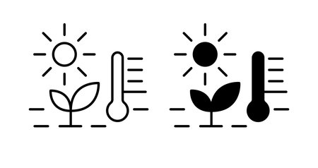 Simple line art illustrations of a sun, plant, and thermometer symbolize the interrelation of weather, growth, and temperature in nature. Ideal for eco-related projects.のイラスト素材