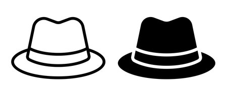 A stylish representation of a vintage fedora hat in both outline and solid forms, perfect for fashion-related projects and trendy designs.のイラスト素材