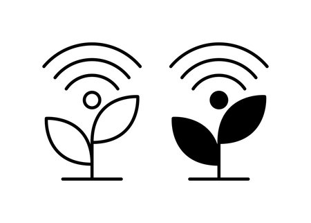 A minimalist icon set featuring plants with wireless signals, representing technology and nature connection. Ideal for modern digital designs and ecological themes.のイラスト素材