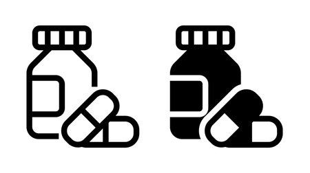 Two contrasting icons of a medicine bottle and capsules represent health themes. Ideal for topics related to pharmaceuticals, wellness, and healthcare design.のイラスト素材
